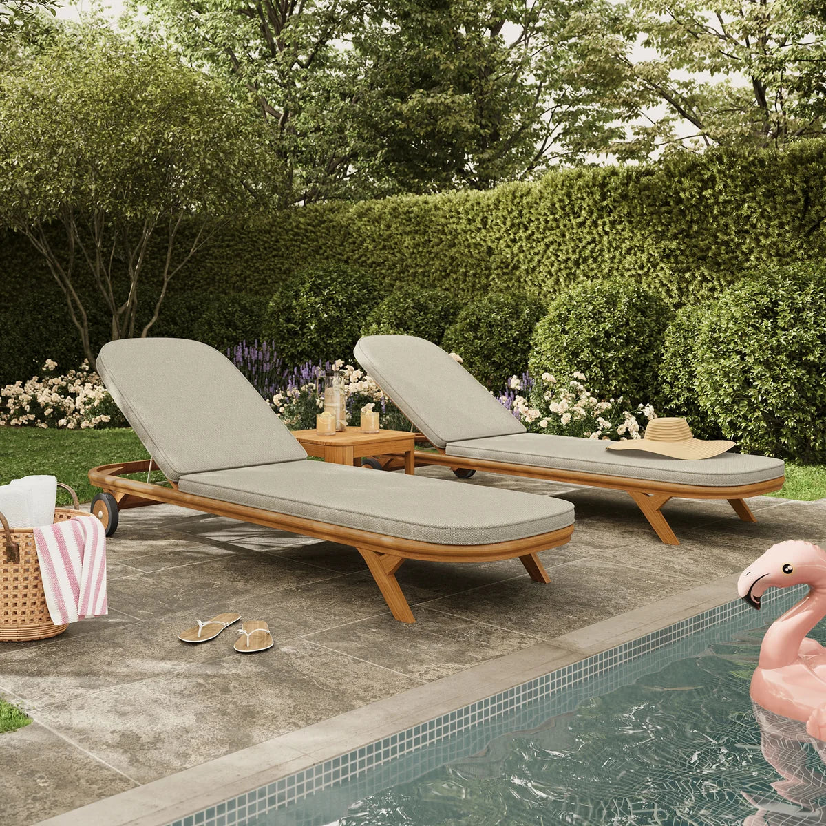 Kona 3-Piece Outdoor Teak Wood Patio Chaise Lounge Set with Side Table