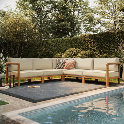 Kona 5-Piece Outdoor Teak Wood Corner Modular Patio Sectional Sofa Set