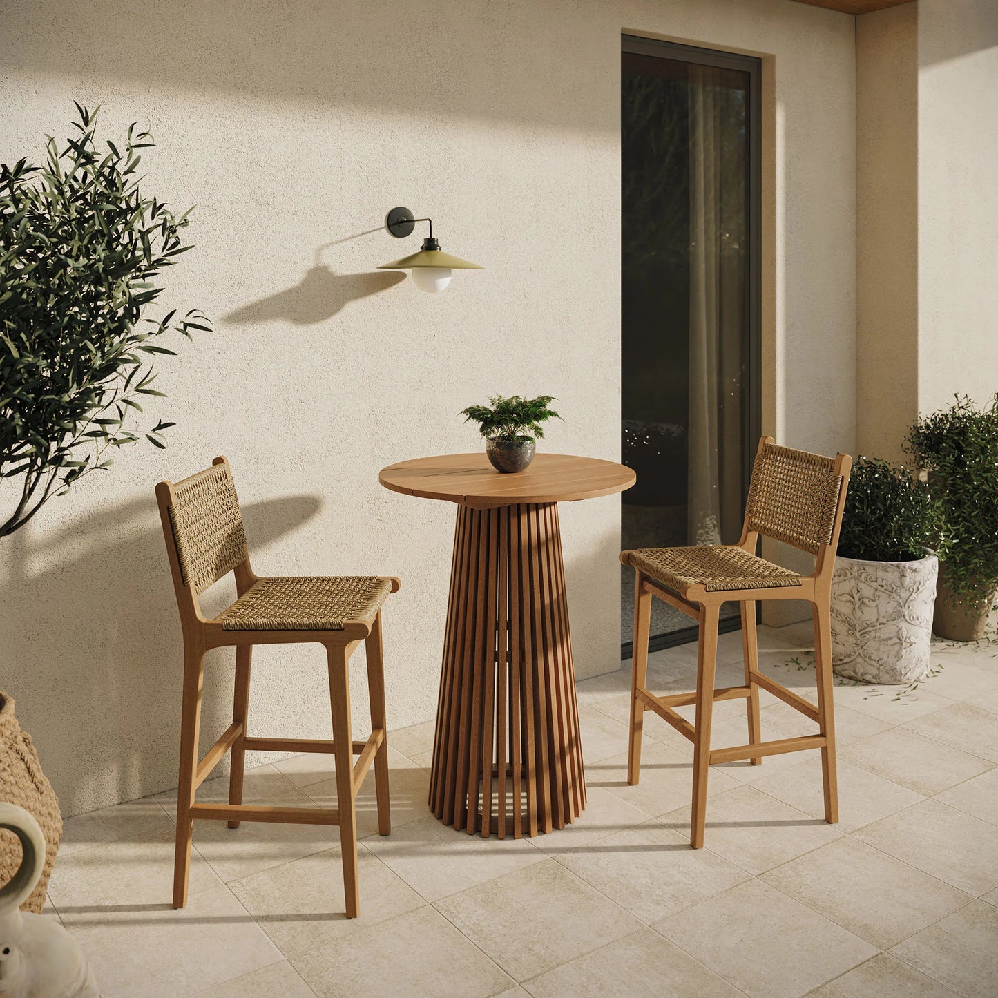 Rowe 3-Piece Outdoor Teak Wood Bar Set in Natural