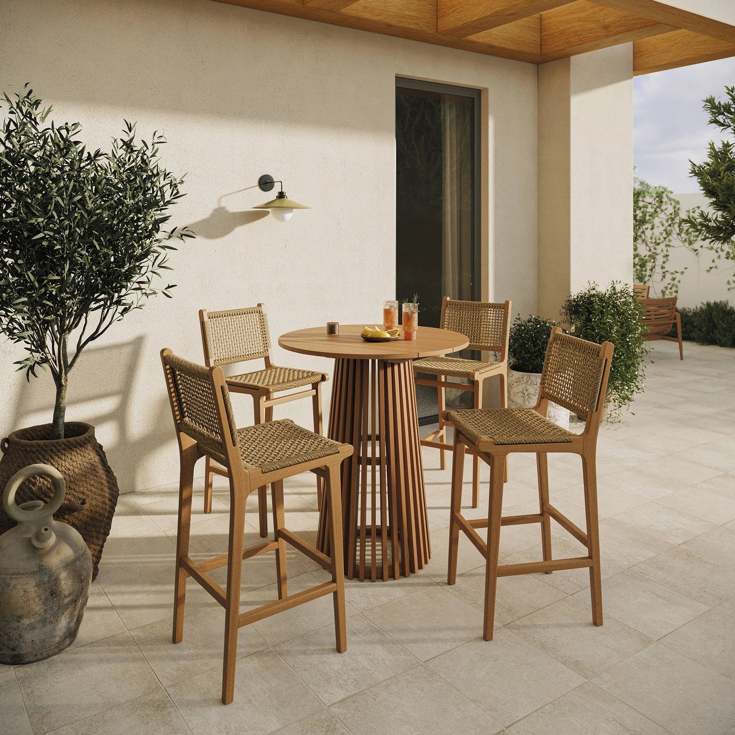 Rowe 5-Piece Outdoor Teak Wood Bar Set in Natural