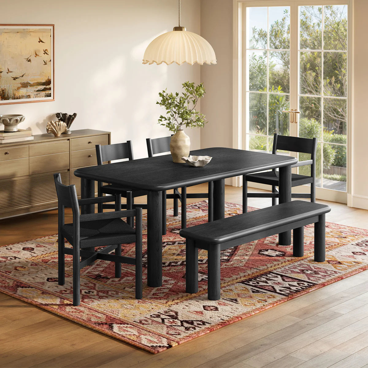 Alvia 6‑Piece Oak Wood Dining Table and Seating Set