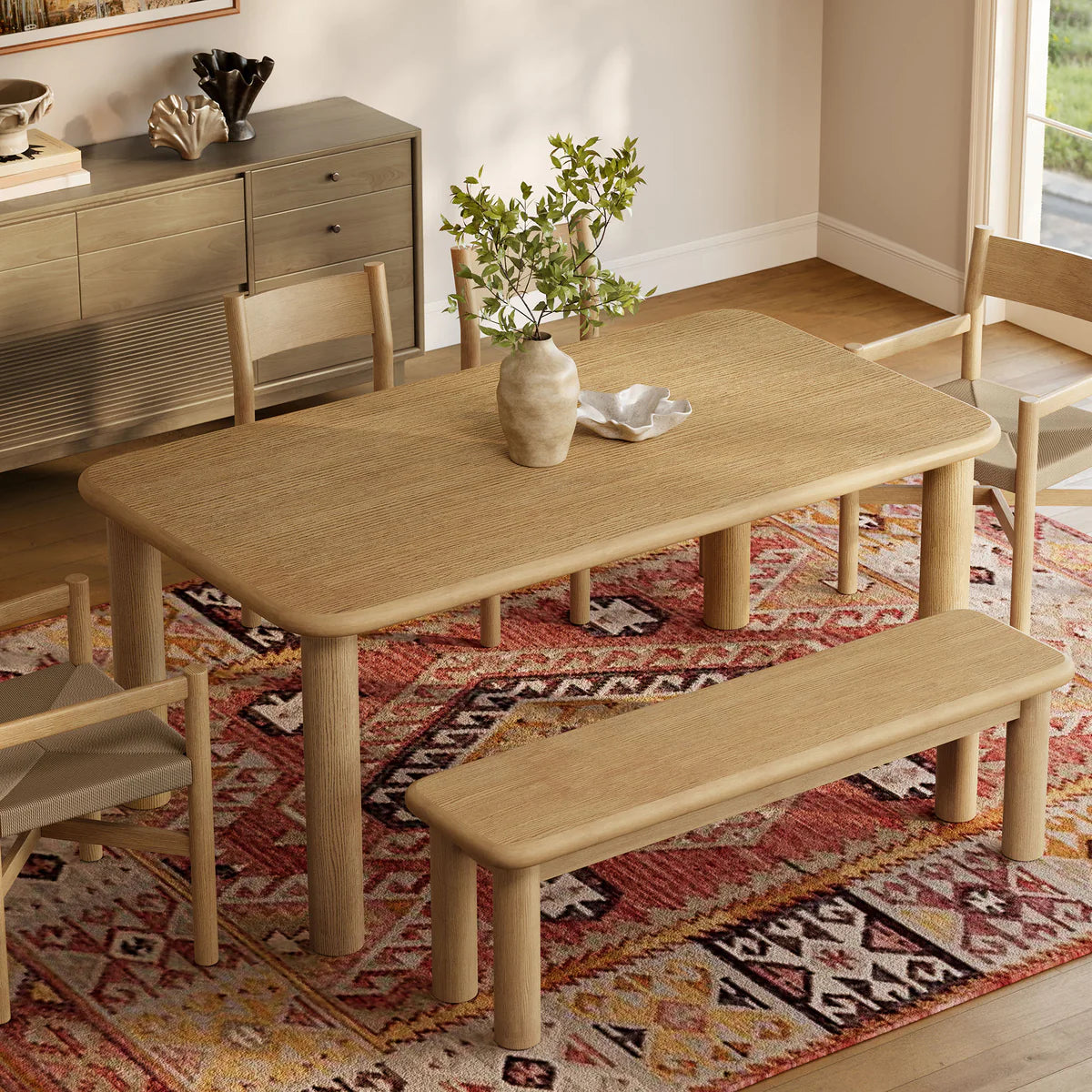 Alvia 6‑Piece Oak Wood Dining Table and Seating Set