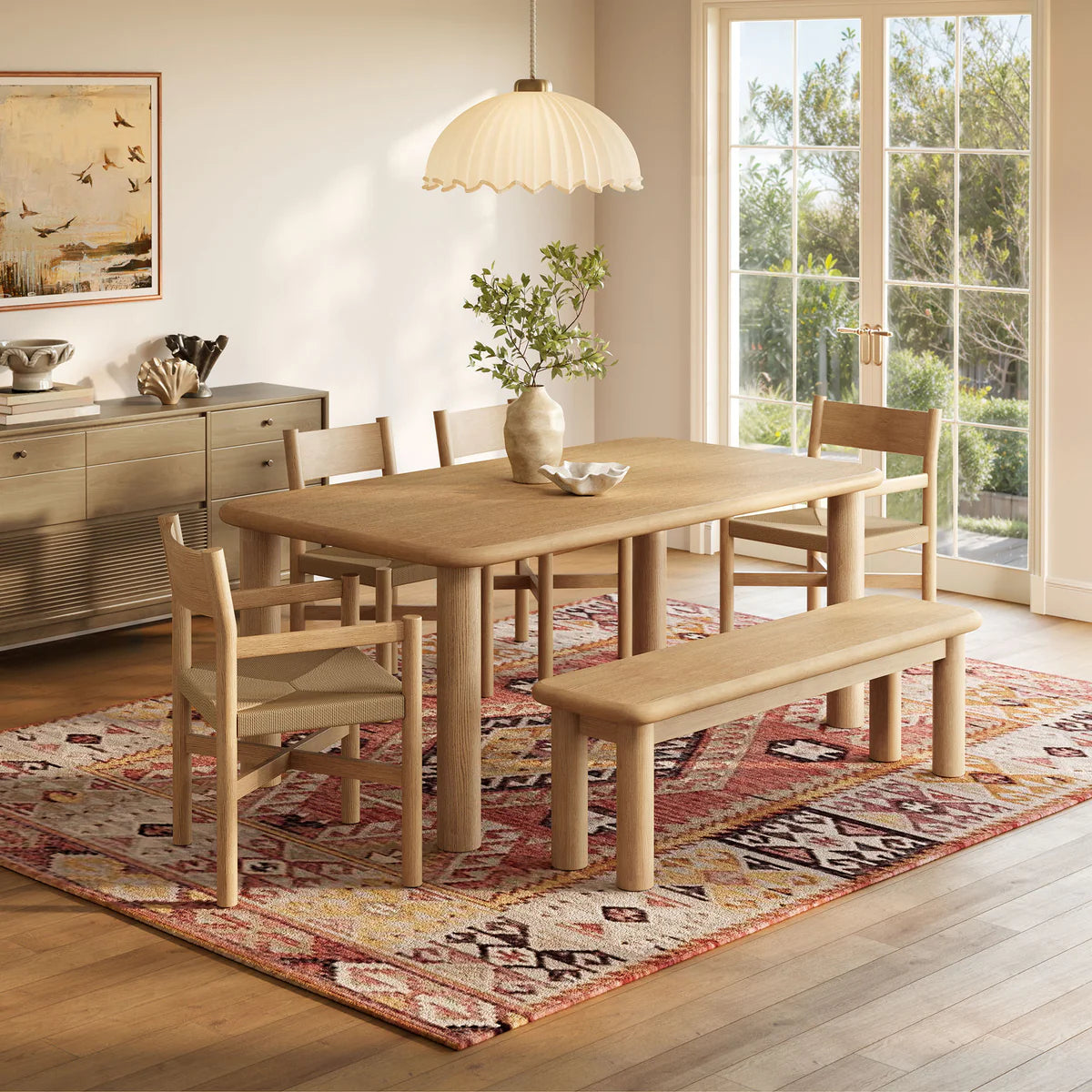 Alvia 6‑Piece Oak Wood Dining Table and Seating Set