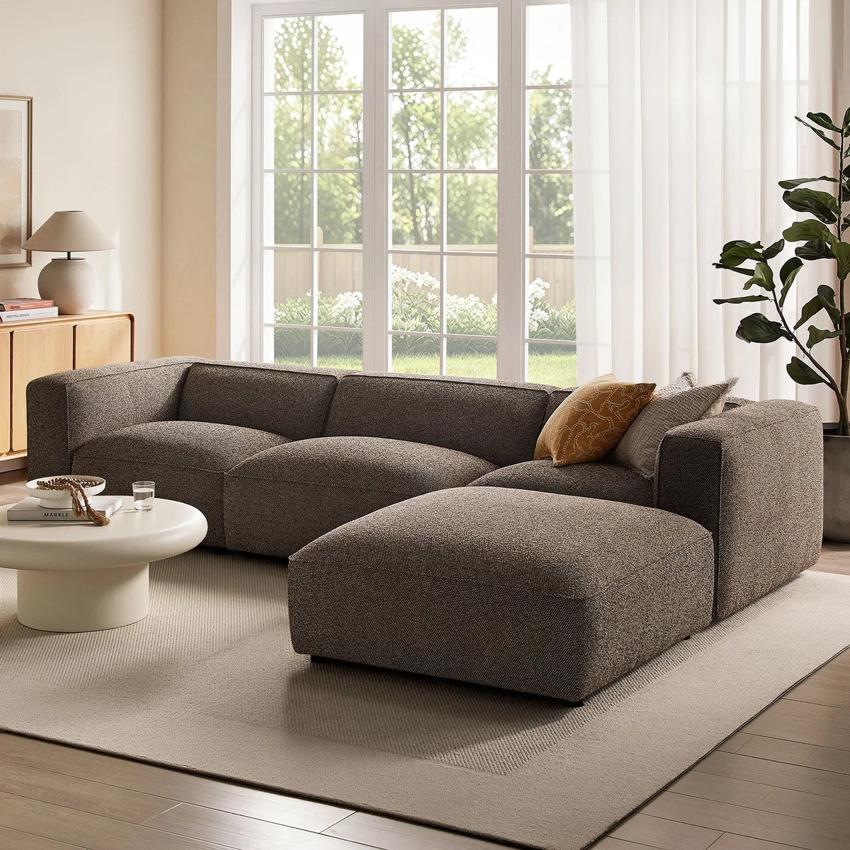 Auren 4 Piece Lattice Bouclé Upholstered Modular Sofa with Ottoman