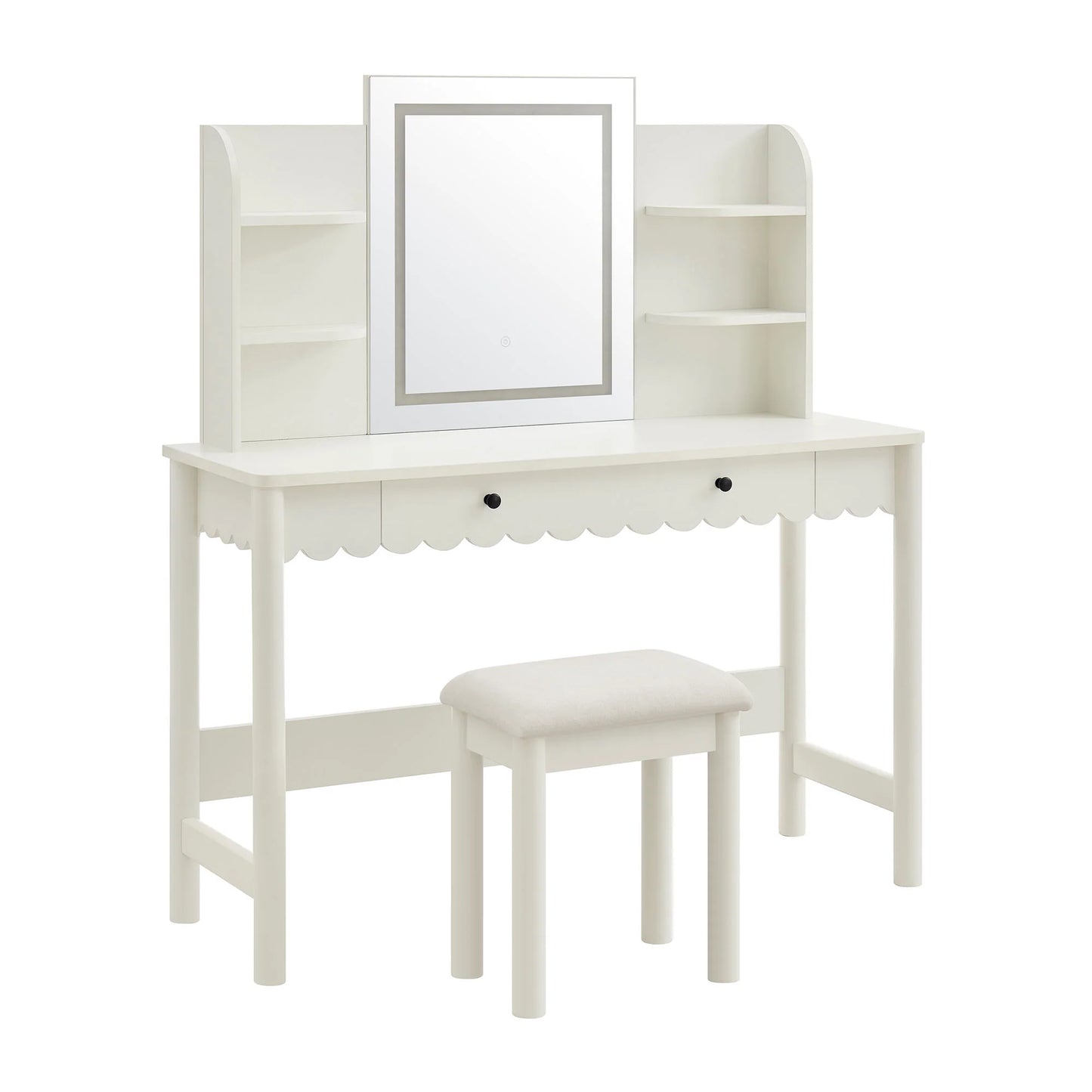 Emmeline Scalloped Makeup Vanity Desk with LED Mirror and Stool