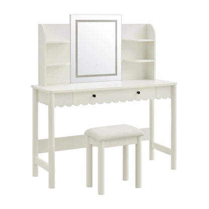 Emmeline Scalloped Makeup Vanity Desk with LED Mirror and Stool