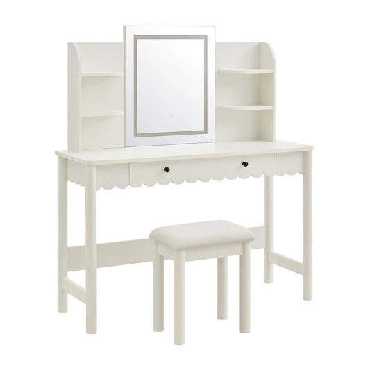Emmeline Scalloped Makeup Vanity Desk with LED Mirror and Stool