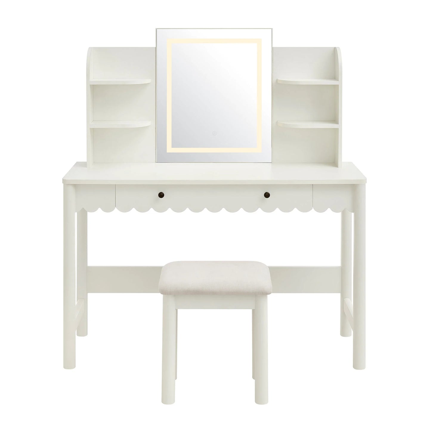 Emmeline Scalloped Makeup Vanity Desk with LED Mirror and Stool