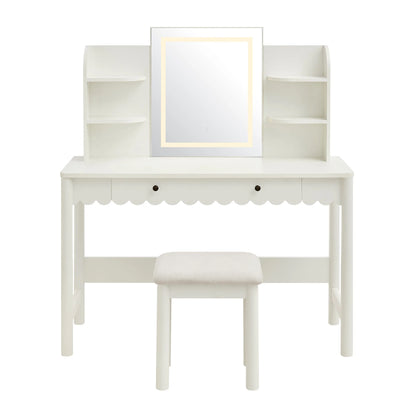 Emmeline Scalloped Makeup Vanity Desk with LED Mirror and Stool