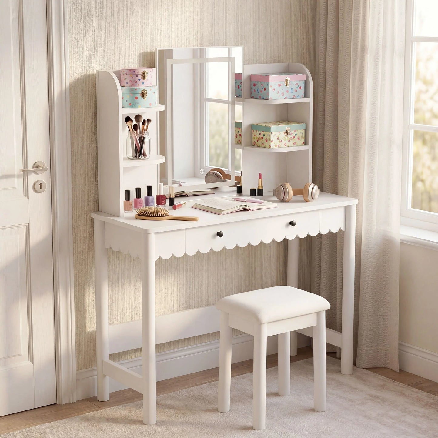 Emmeline Scalloped Makeup Vanity Desk with LED Mirror and Stool