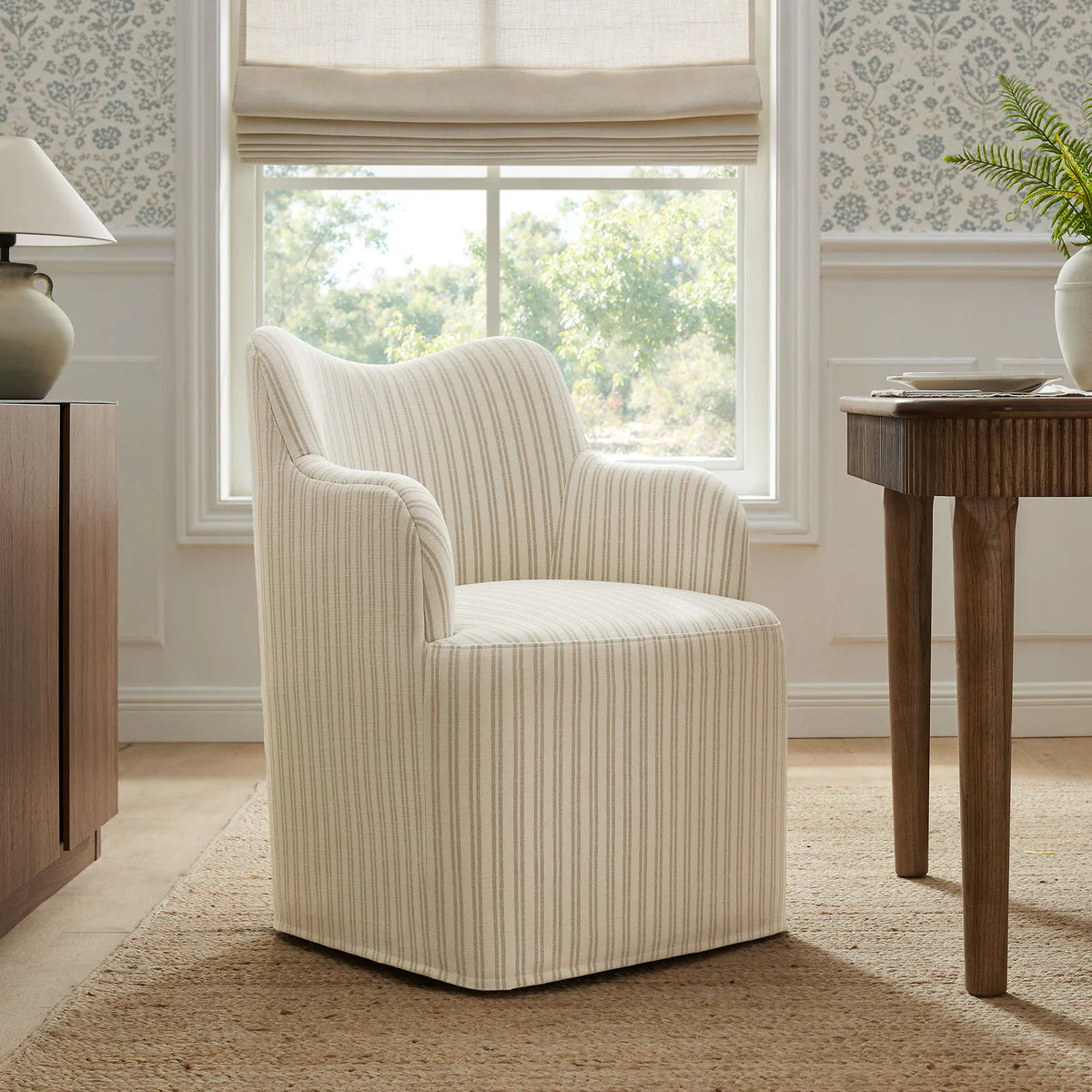 Cordelle Striped Linen Blend Swivel Dining Chair