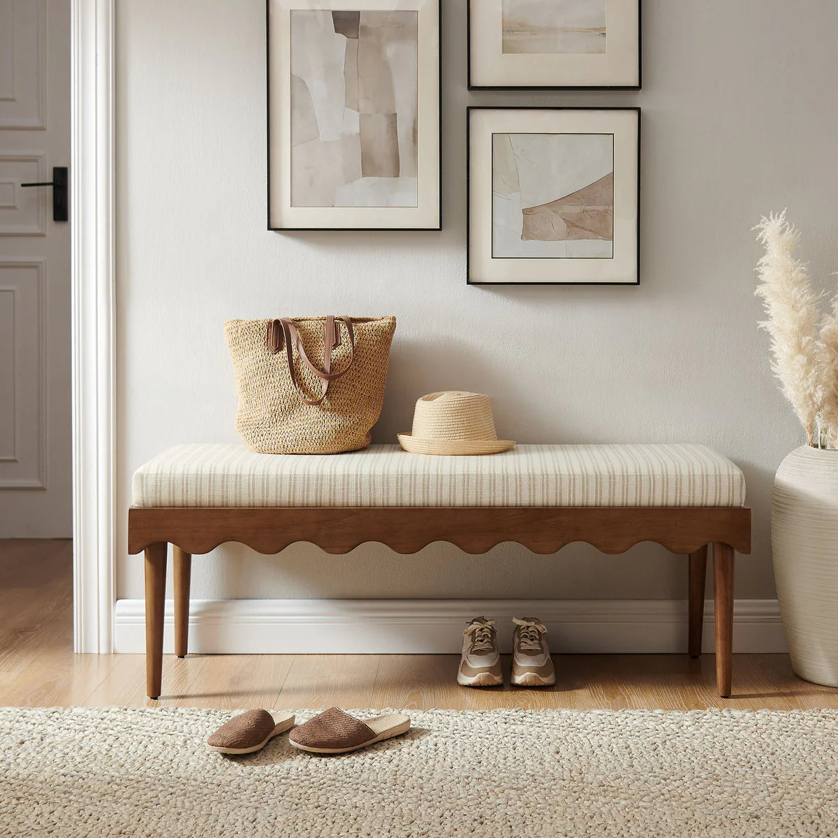 Mirette Scalloped Edge Striped Accent Bench
