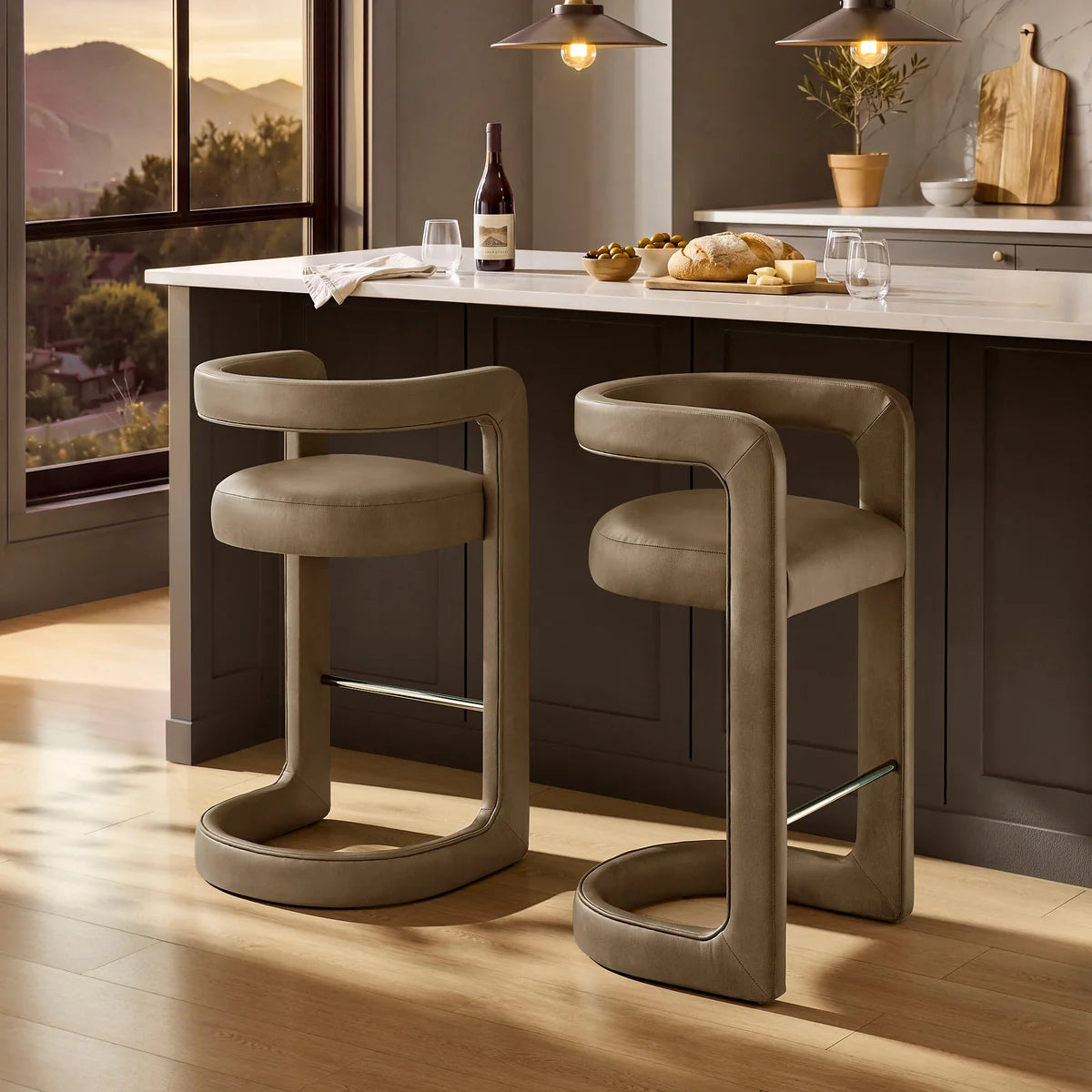 Winslow Vegan Leather Bar Stool Set of 2 Curved Back