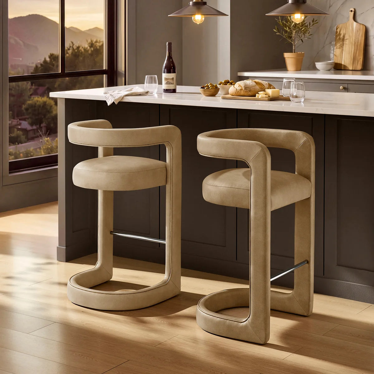 Winslow Vegan Leather Bar Stool Set of 2 Curved Back