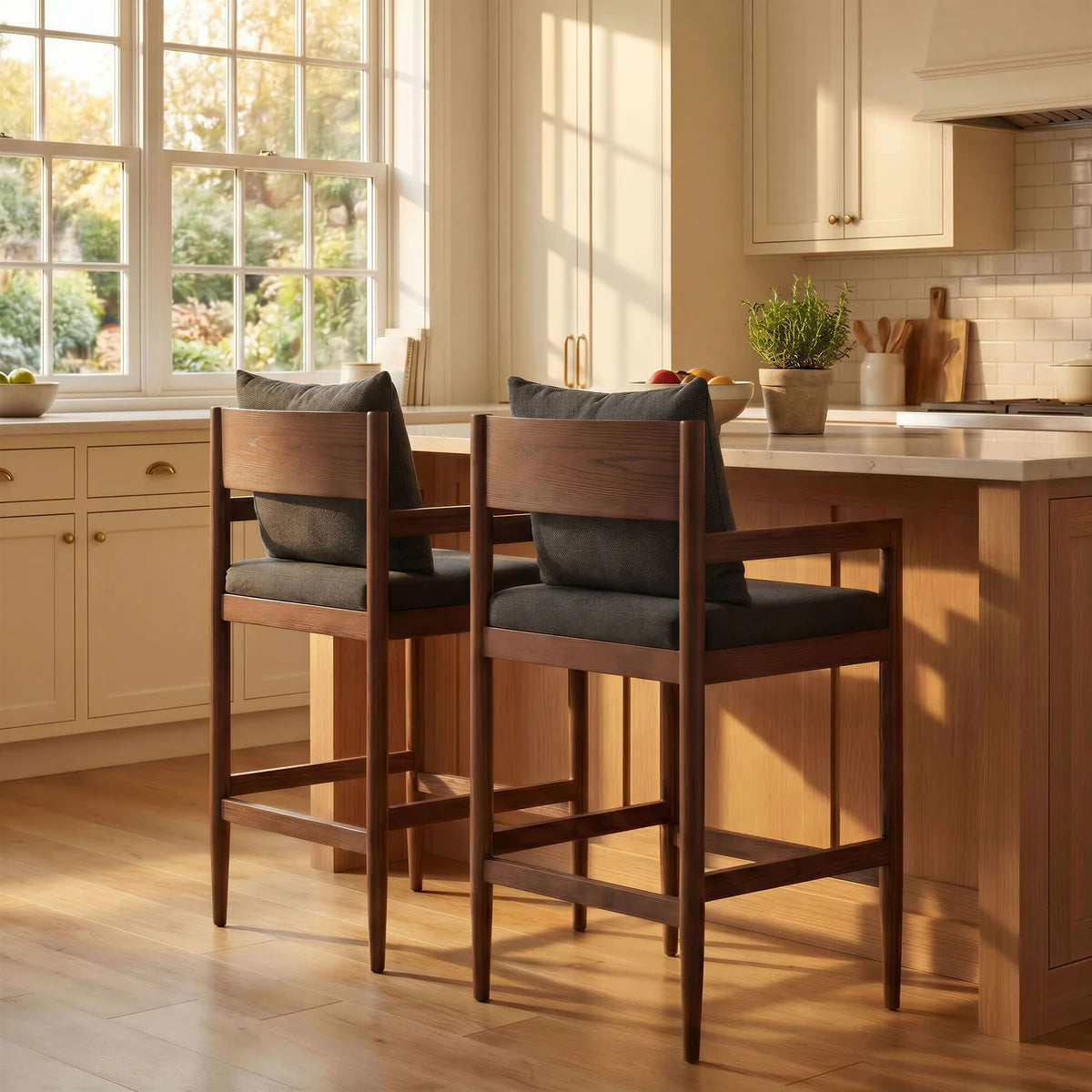 Remington Elm Wood Counter Stool with Slub Fabric Seat