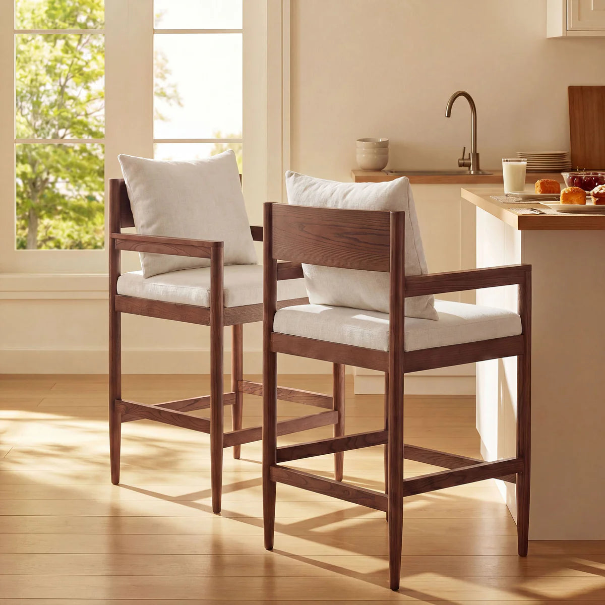 Remington Elm Wood Counter Stool with Slub Fabric Seat