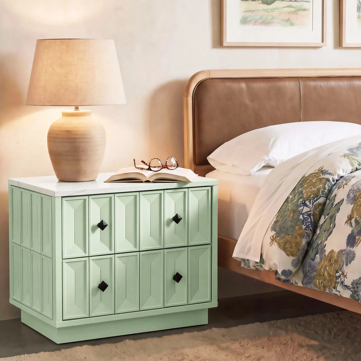 Mabry 23 Inch Geometric Faceted Two‑Drawer Nightstand
