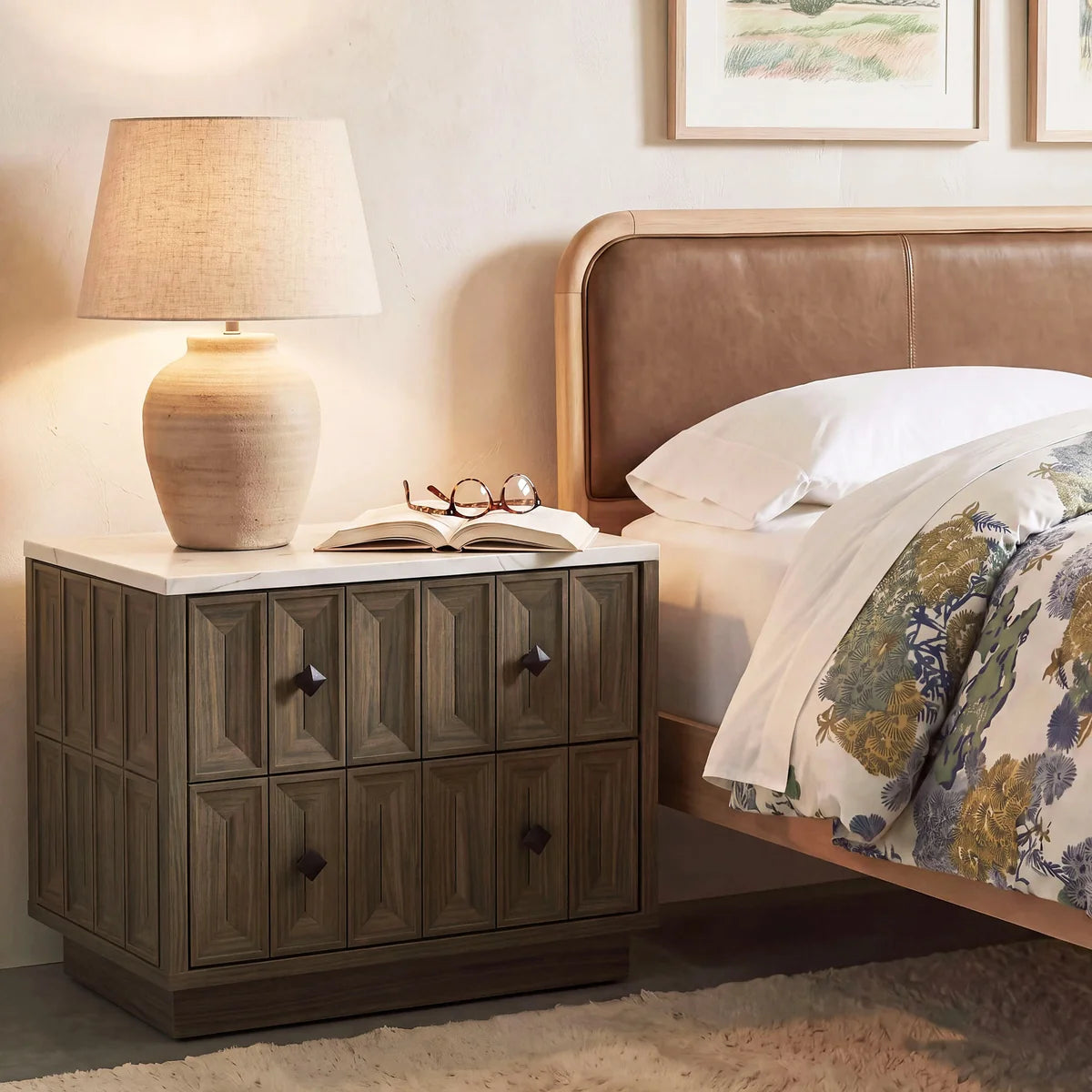 Mabry 23 Inch Geometric Faceted Two‑Drawer Nightstand