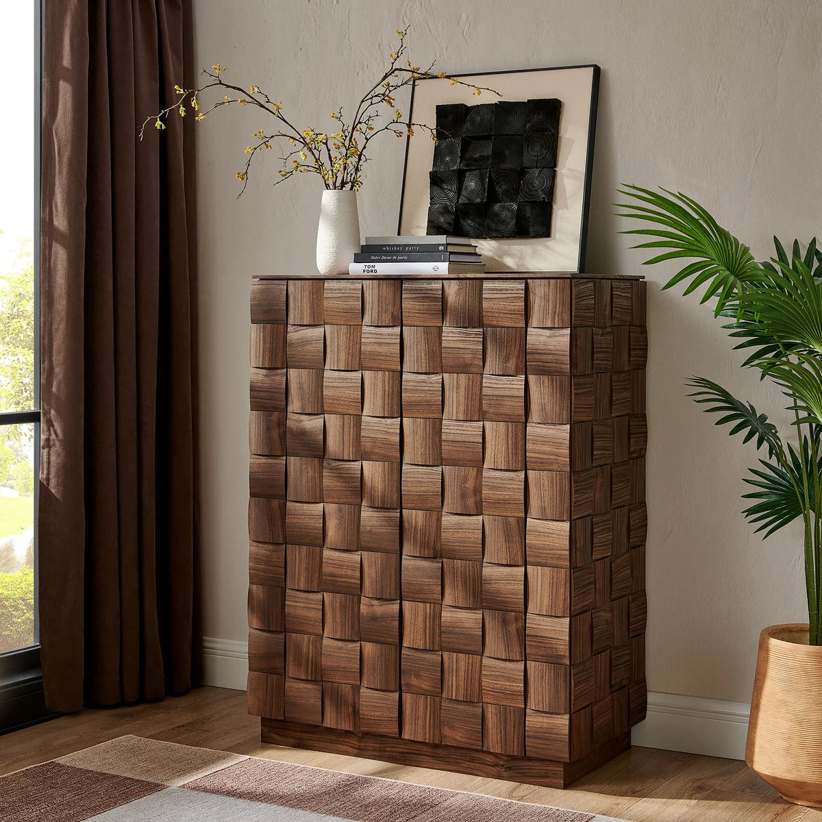 Duskin 39 Inch Geometric Block Tall Storage Cabinet Walnut