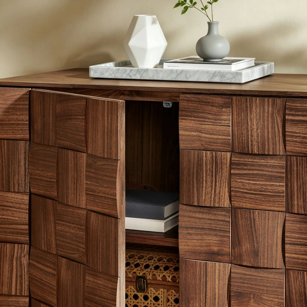 Duskin 68 Inch Geometric Block Design Four Door Sideboard in Walnut