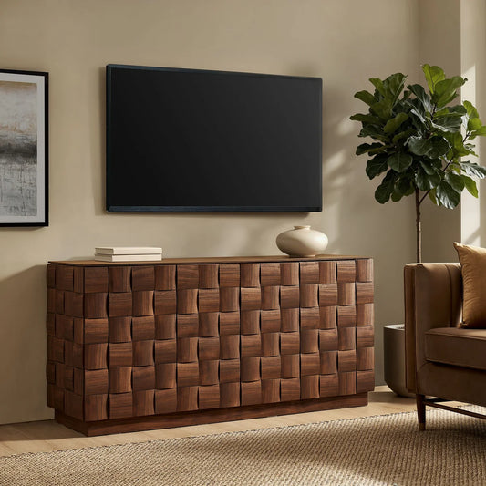 Duskin 68 Inch Geometric Block Design Four Door Sideboard in Walnut