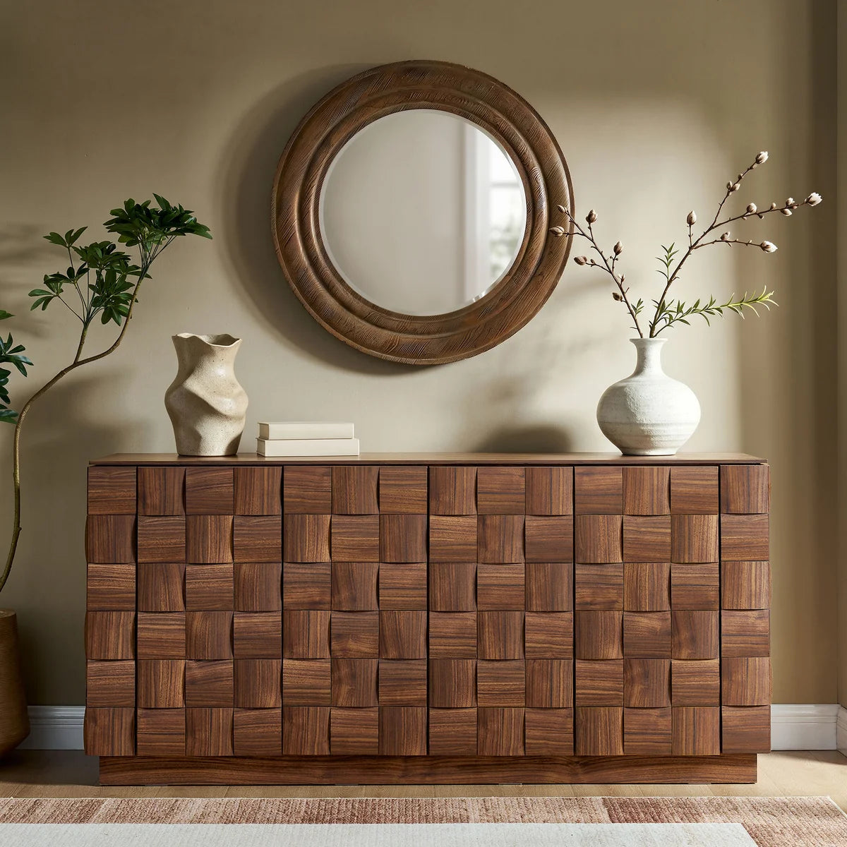 Duskin 68 Inch Geometric Block Design Four Door Sideboard in Walnut
