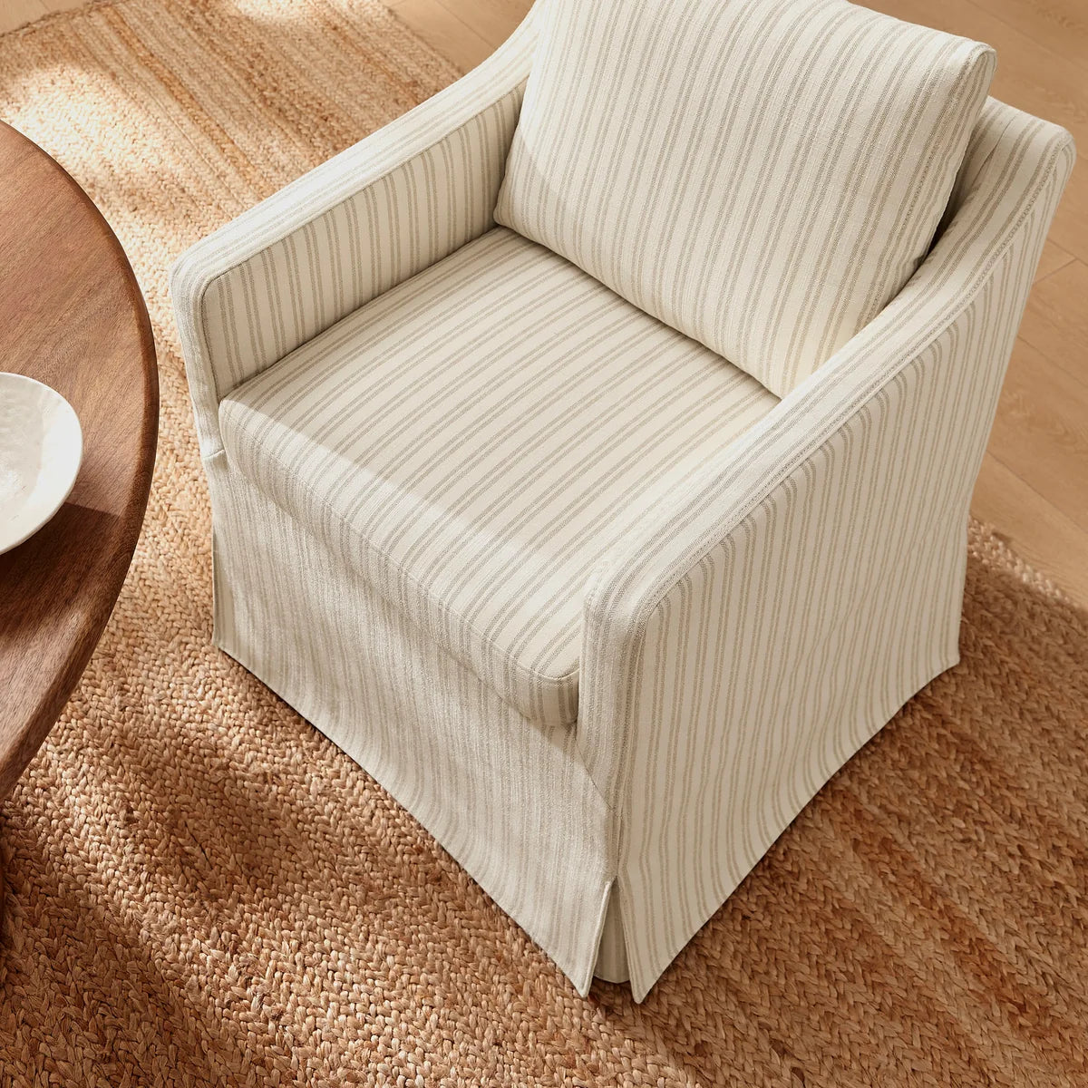 Serene Slipcovered Striped Fabric Dining Armchair in Oatmeal Stripe