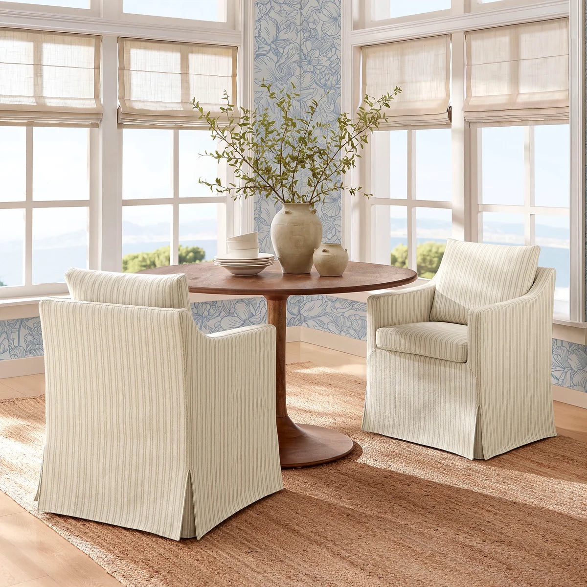Serene Slipcovered Striped Fabric Dining Armchair in Oatmeal Stripe