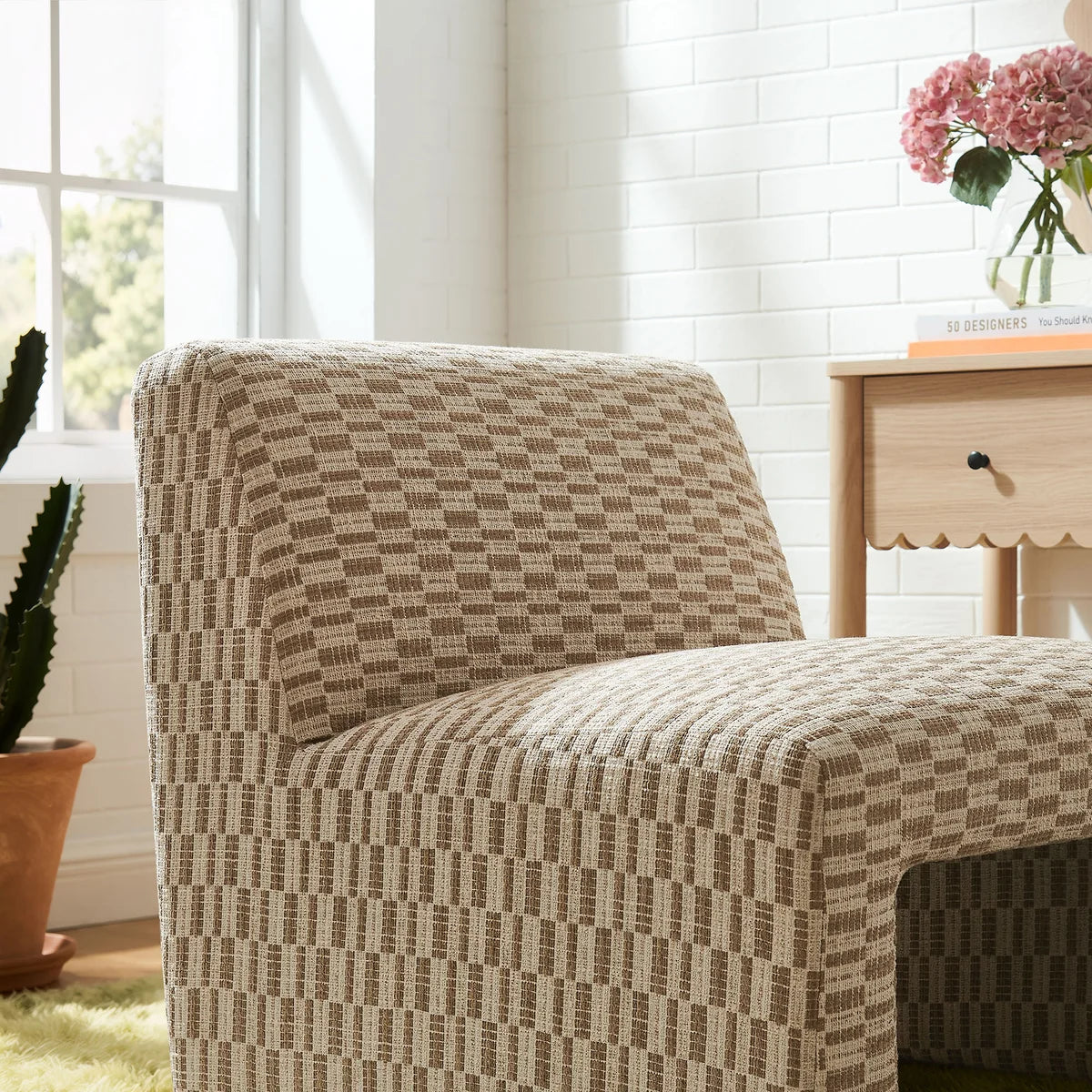 Amita Checked Woven Fabric Armless Accent Chair