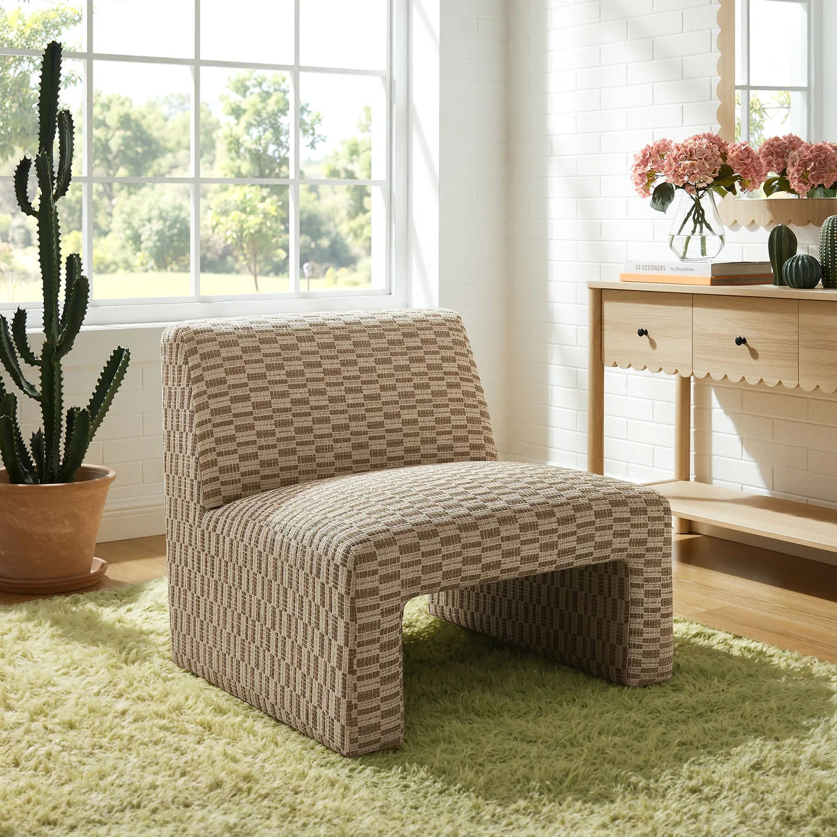 Amita Checked Woven Fabric Armless Accent Chair