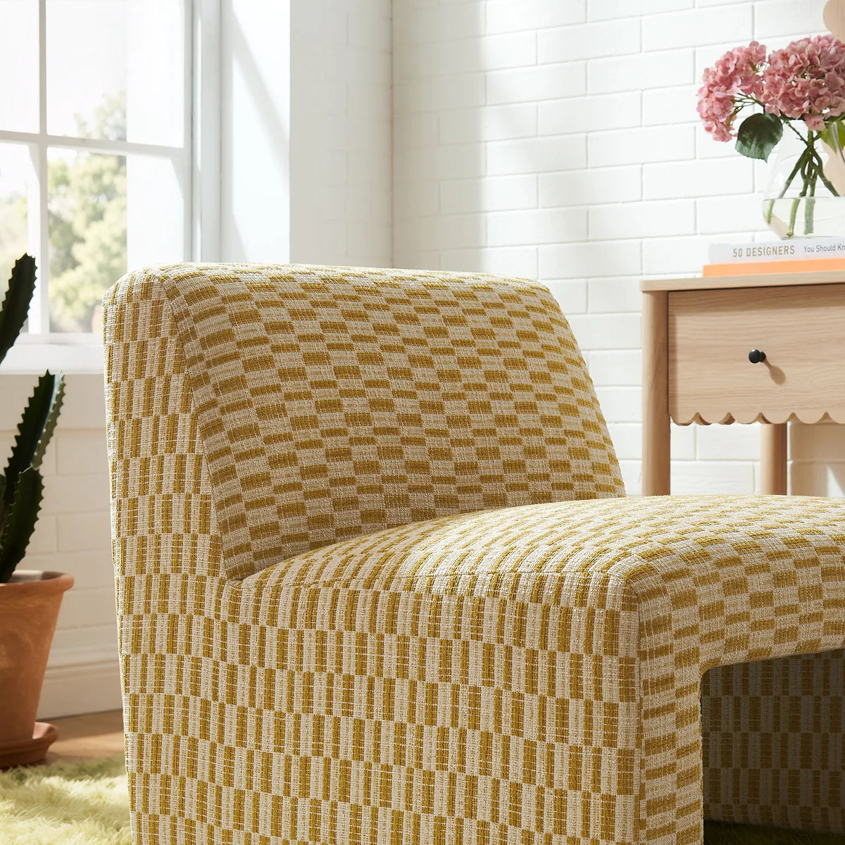 Amita Checked Woven Fabric Armless Accent Chair
