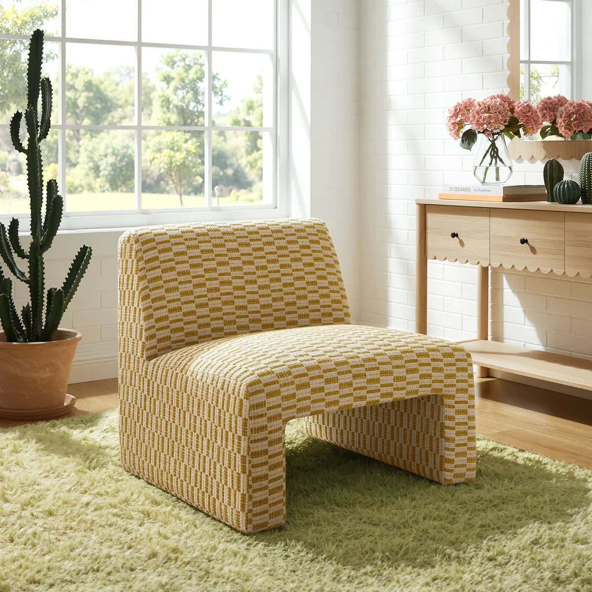 Amita Checked Woven Fabric Armless Accent Chair