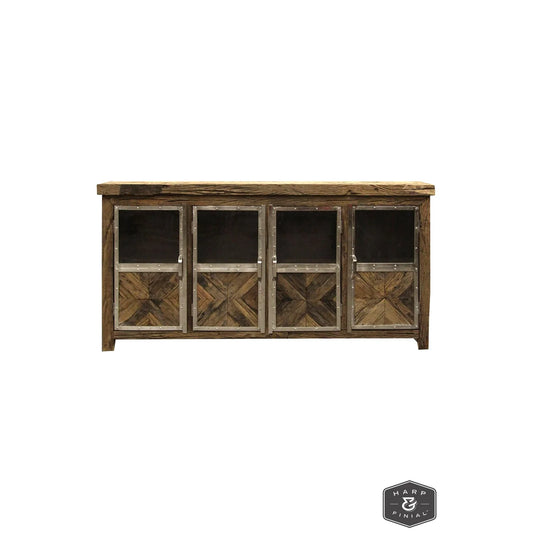 Ayers Sideboard | Reclaimed Railroad Tie Wood with Clear Glass and Chrome Finish on Metal Trim | 4-Door – A Unique Blend of Rustic and Modern Elegance