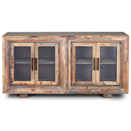 Hughes Sideboard | Natural Finish on Reclaimed Wood with Plain Glass | 4-Door – Timeless and Eco-Friendly Storage Solution