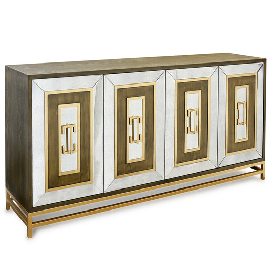 Jamison Sideboard | Dark Walnut Finish on Hardwood with Antique Mirror and Antique Brass Metal | 4-Door – Timeless Elegance for Dining Rooms and Living Spaces