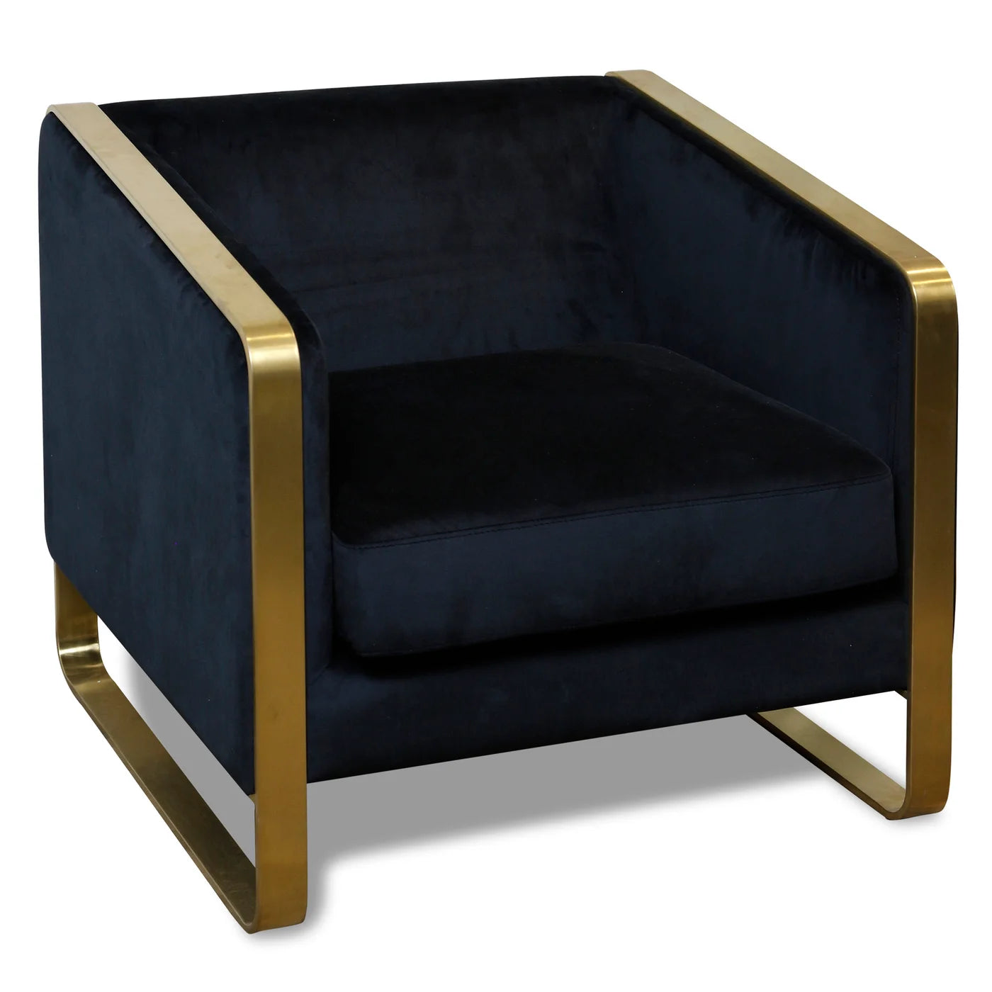 Seeley Chair Black Velvet Fabric on Hardwood Frame with Brushed Metal Gold Legs