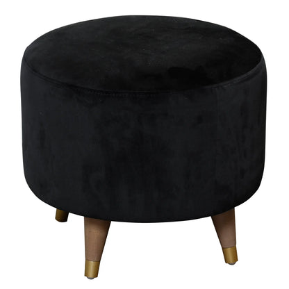 Saba Ottoman Black Velvet Fabric on Hardwood