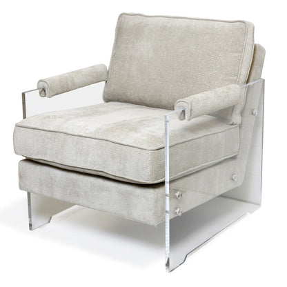 Carrington Chair – Elan Sand Fabric Upholstery on Hardwood with Sleek Acrylic Sides