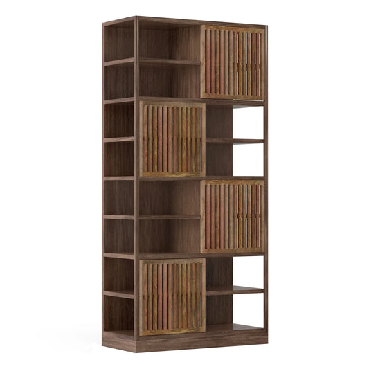 Watson Bookcase – Natural Finish with Sliding Slat Doors and Gray Finish on Mango Wood for a Modern Look