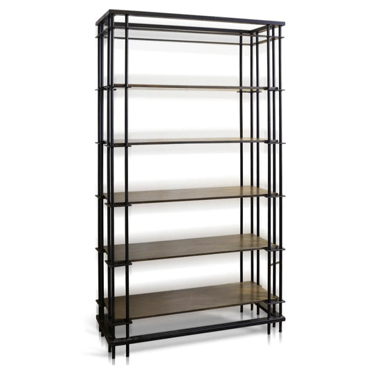 Jackson Bookcase – Burnished Iron Finish on Metal with Washed Gray Mango Wood Shelves for a Rustic, Industrial Style