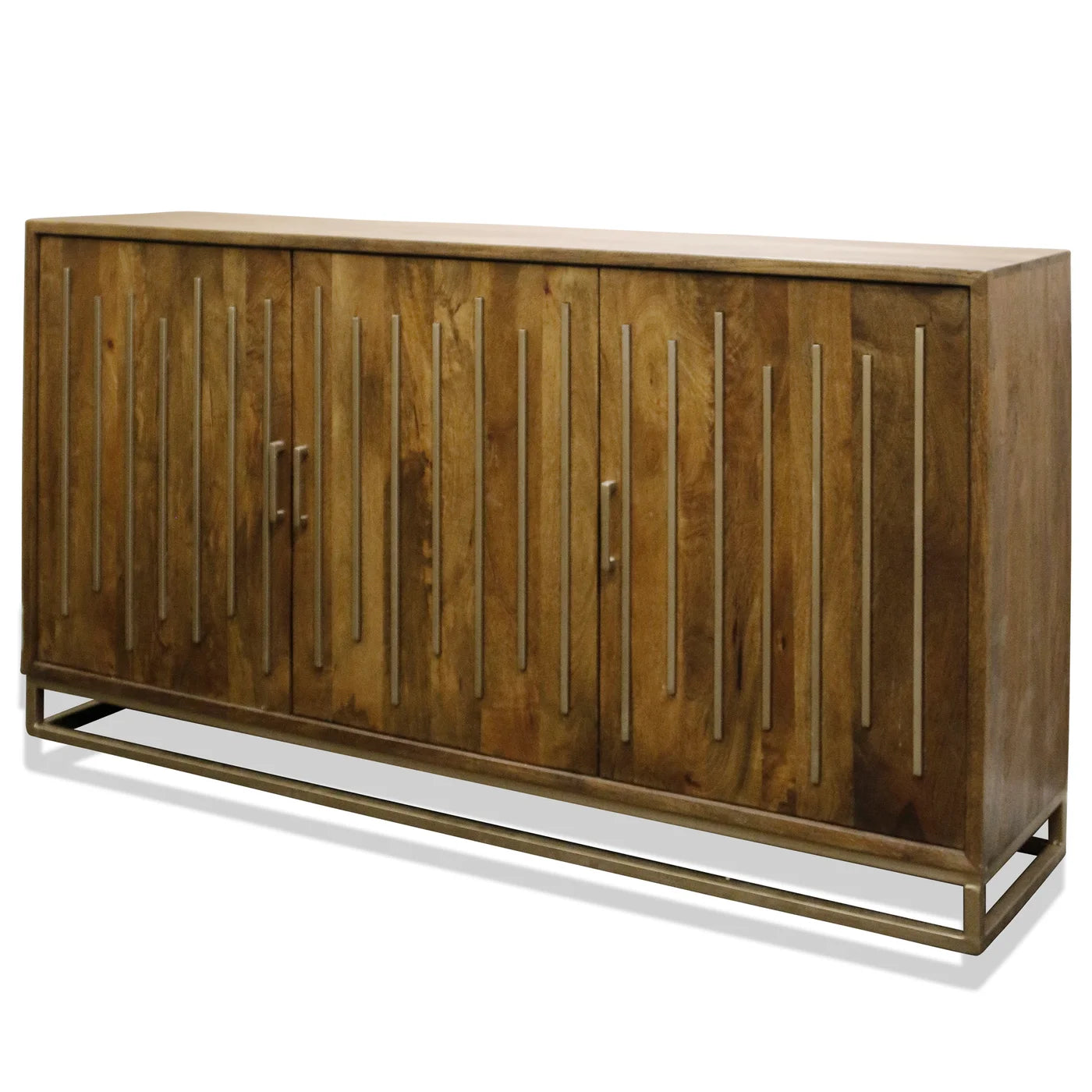 Thackary Sideboard Walnut Finish on Mango Wood with Brushed Brass Metal Detail 3 Door