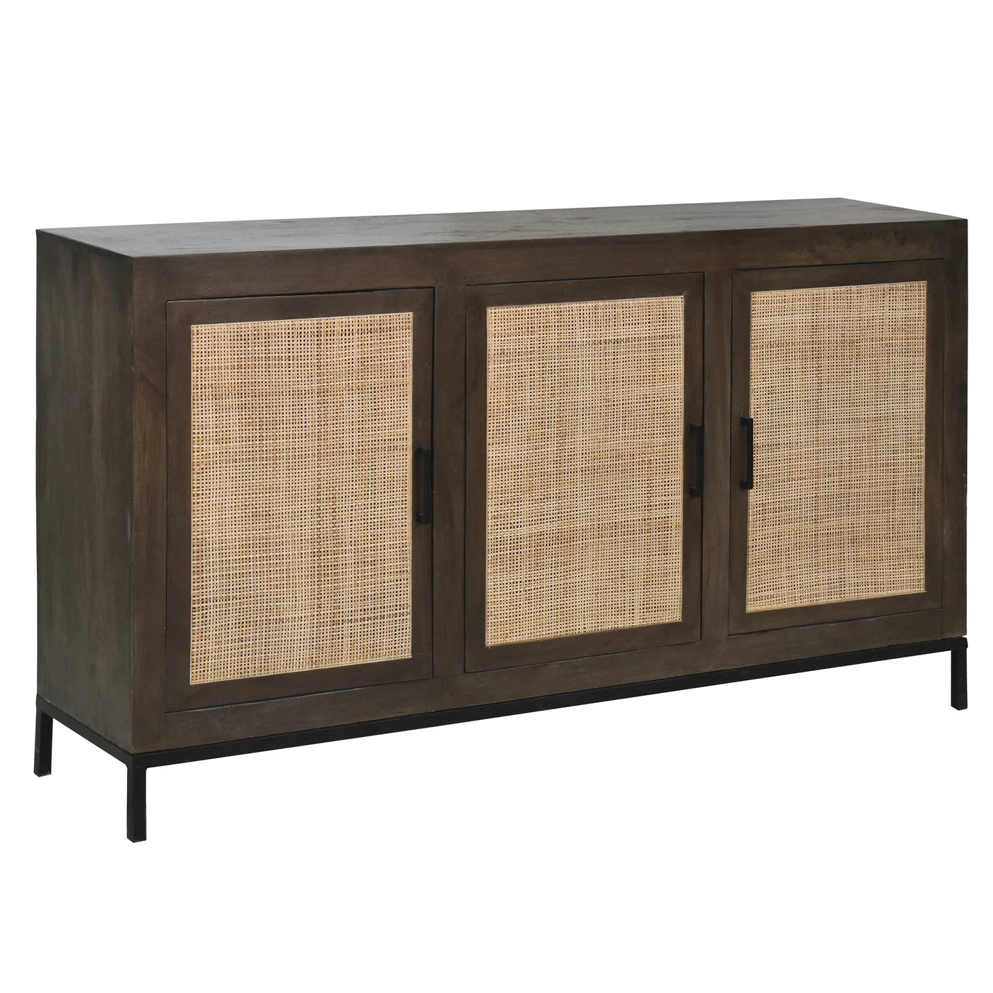 Schuyler Sideboard Matte Gray Finish on Mango Wood with Natural Rattan Front Doors 3 Door