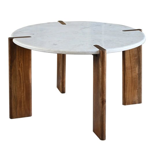 Noland Dining Table Round Walnut Finish on Mango Wood with White Marble Top