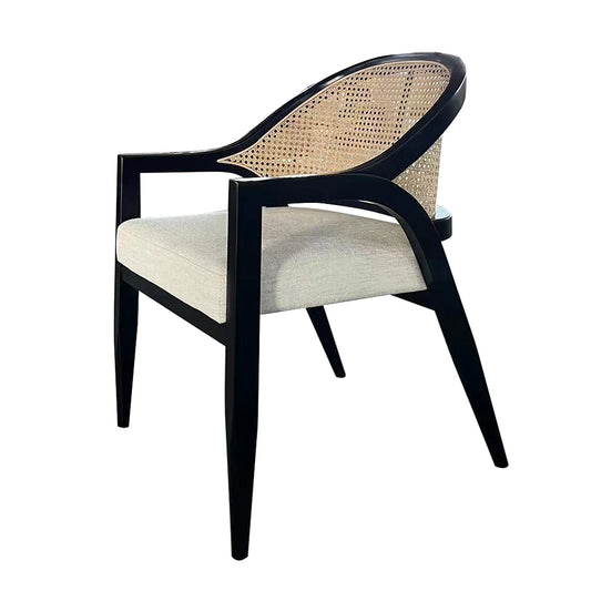 Thane Dining Chair β Natural Rattan Back with Cream Linen Seat on Black Finished Beech Wood Frame
