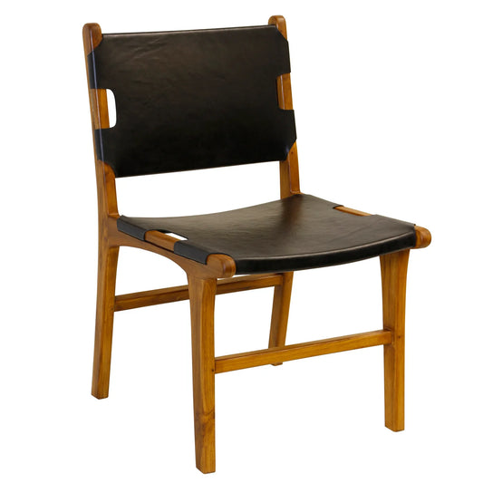 STEELE Dining Chair Set – Black Leather Upholstery with Natural Wood Frame (Set of 2)