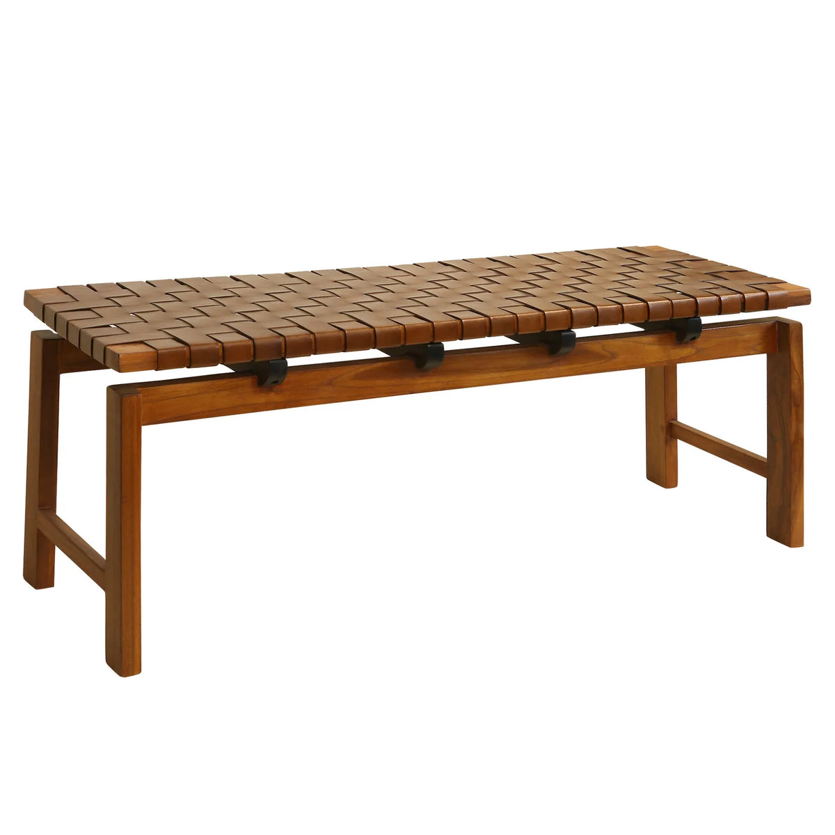 Adams Backless Bench Woven Cognac Leather Solid Wood Frame