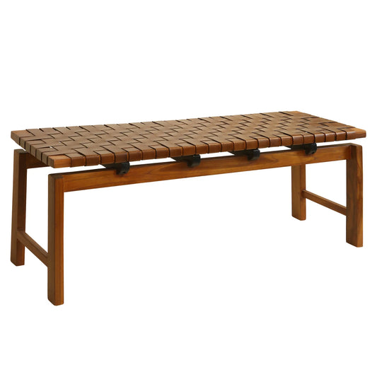 Adams Backless Bench Woven Cognac Leather Solid Wood Frame