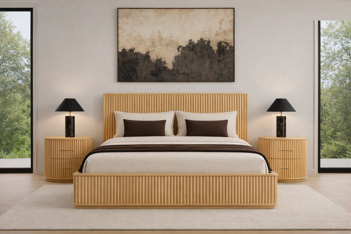 Kayce Modern Natural Oak 4‑Piece Bedroom Set with Panel Bed and Storage Pieces