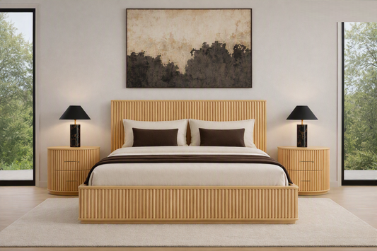 Kayce Modern Natural Oak 4‑Piece Bedroom Set with Panel Bed and Storage Pieces