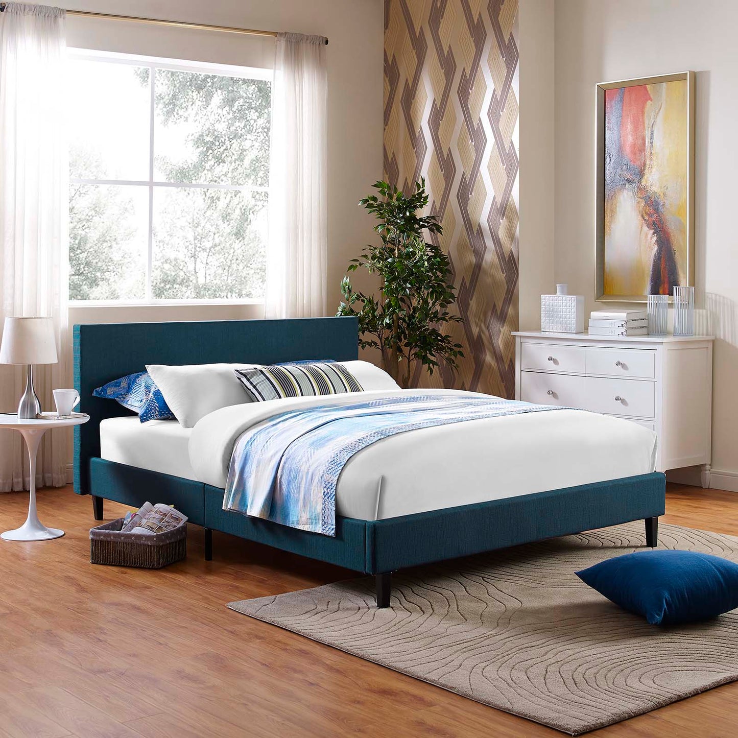 Anya Fabric Queen Bed – Contemporary Upholstered Platform Bed with Soft, Stylish Fabric Finish